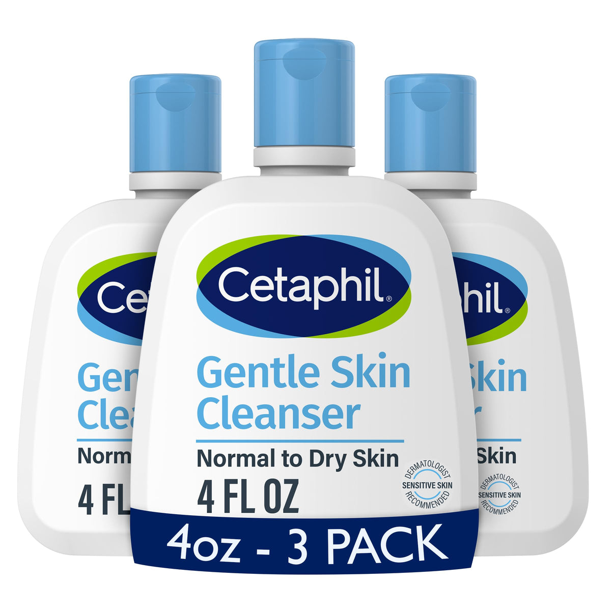 Cetaphil front packaging three-pack showing compact 4 oz bottles and gentle formula benefit