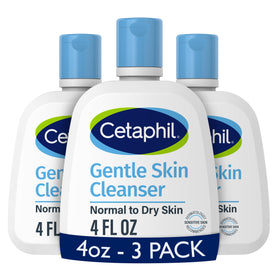 Cetaphil front packaging three-pack showing compact 4 oz bottles and gentle formula benefit