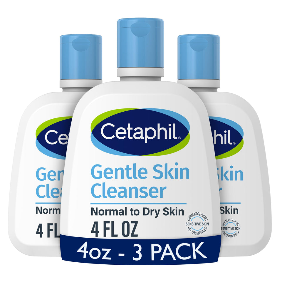 Cetaphil front packaging three-pack showing compact 4 oz bottles and gentle formula benefit