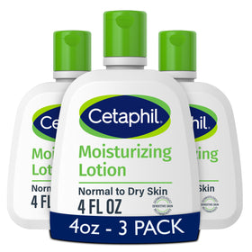 Cetaphil front packaging showing three 4 oz bottles and quick hydration