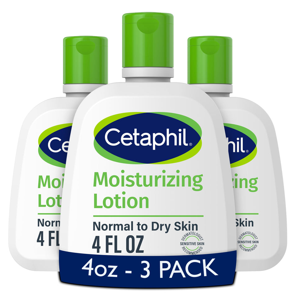 Cetaphil front packaging showing three 4 oz bottles and quick hydration