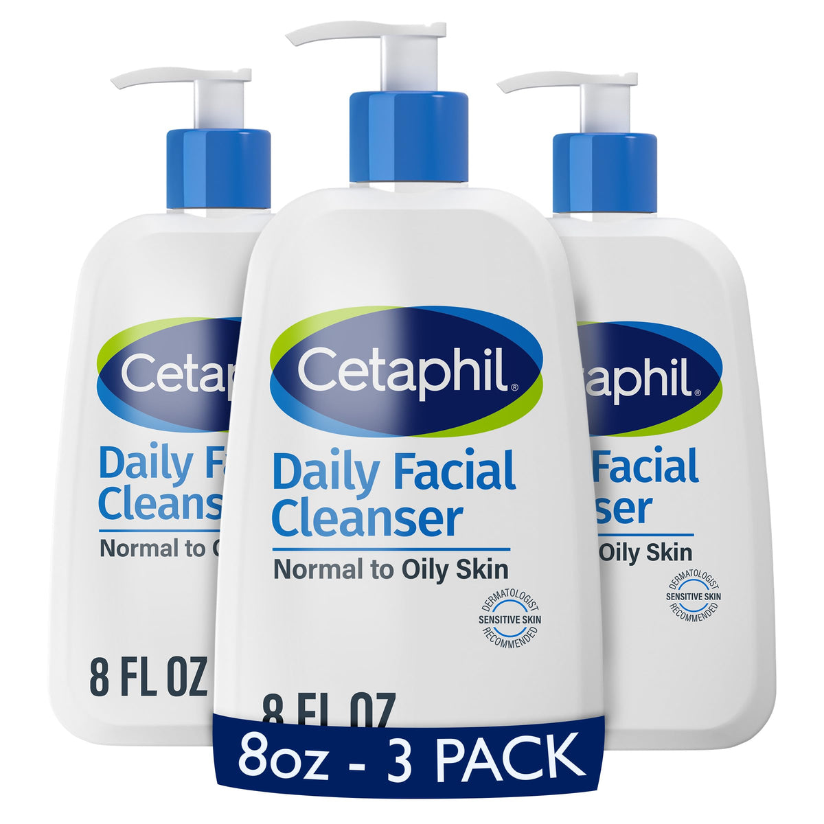 Cetaphil front packaging showing 3 × 8 oz bottles and simple benefit
