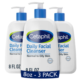 Cetaphil front packaging showing 3 × 8 oz bottles and simple benefit