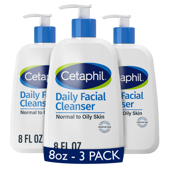 Cetaphil front packaging showing 3 × 8 oz bottles and simple benefit