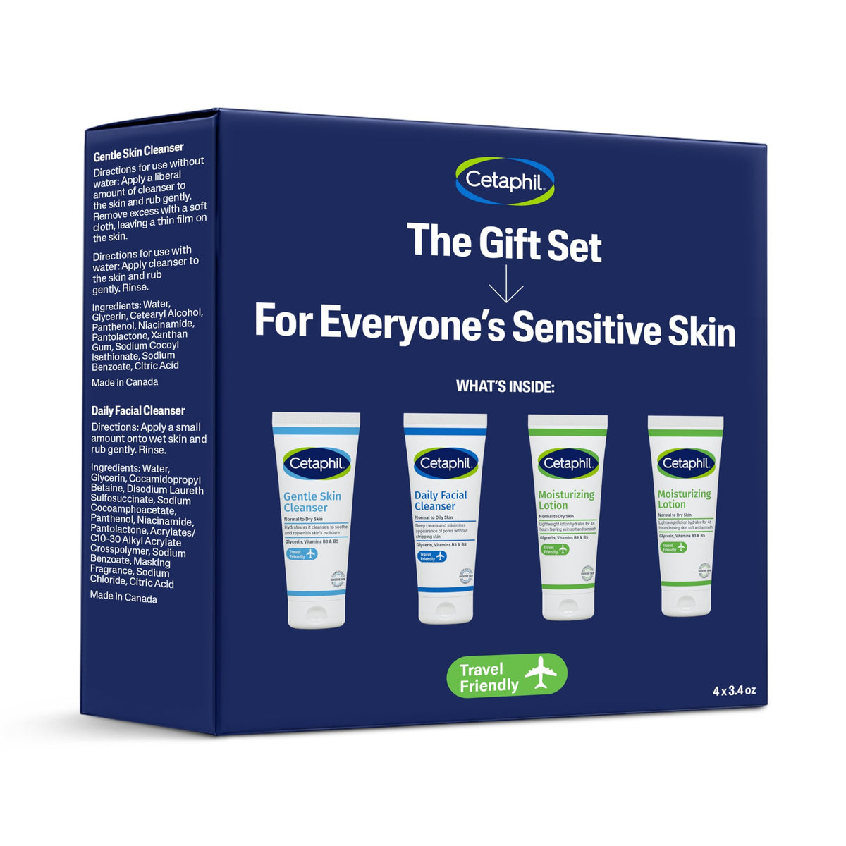 Cetaphil front packaging gift set showing travel tubes and convenience benefit