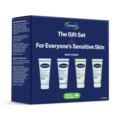 Cetaphil front packaging gift set showing travel tubes and convenience benefit