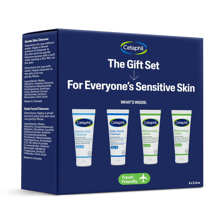 Cetaphil front packaging gift set showing travel tubes and convenience benefit