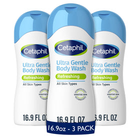 Cetaphil front packaging of Ultra Gentle Refreshing Body Wash showing clean design and benefit