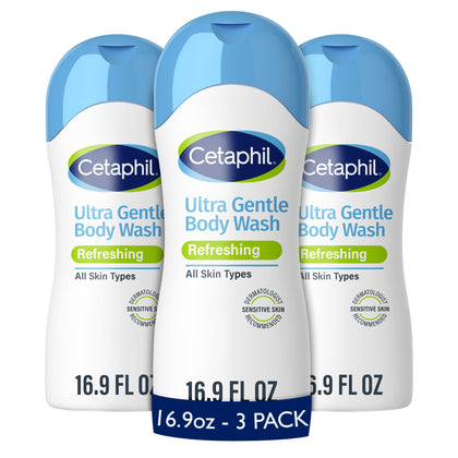 Cetaphil front packaging of Ultra Gentle Refreshing Body Wash showing clean design and benefit