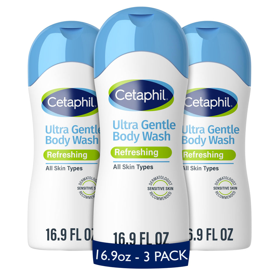 Cetaphil front packaging of Ultra Gentle Refreshing Body Wash showing clean design and benefit
