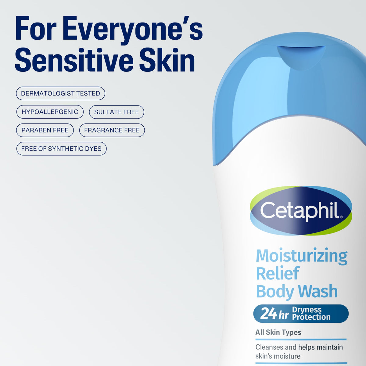 Hand holding Cetaphil bottle to show true size and travel-friendly benefit