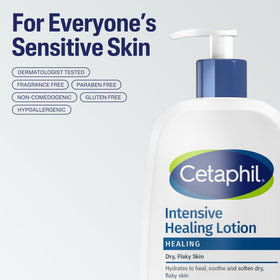 Label close-up on Cetaphil Intensive Healing Lotion showing key ingredients