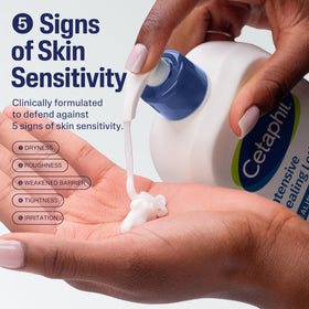 Dispensed Cetaphil lotion texture on hand demonstrating easy absorption