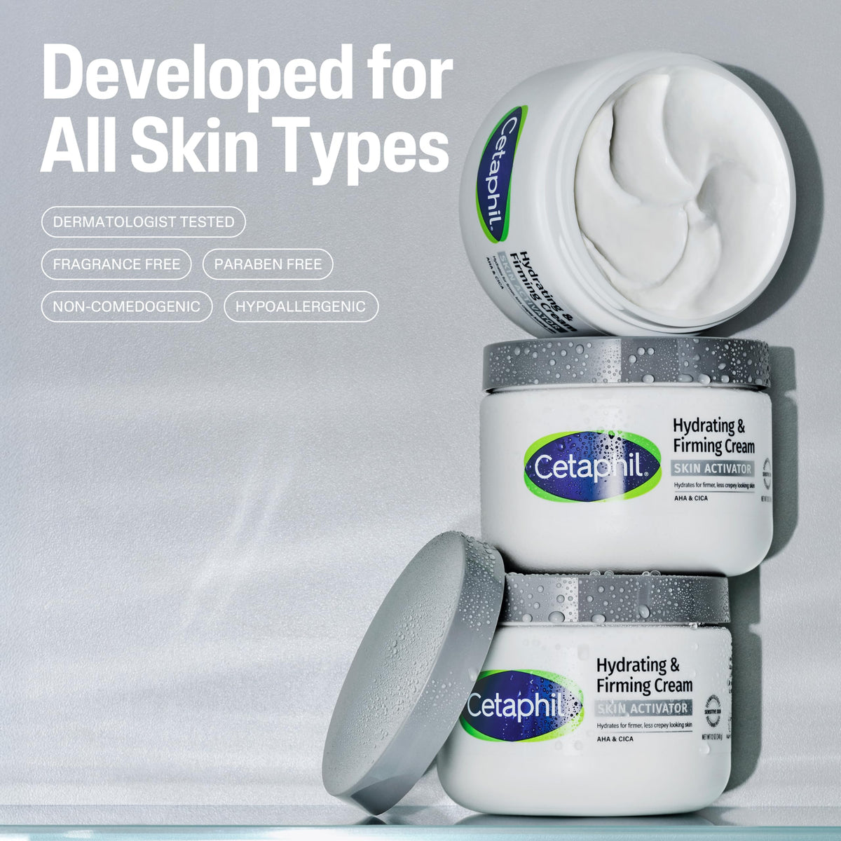 Cetaphil open jar showing cream texture and fast-absorbing hydration benefit