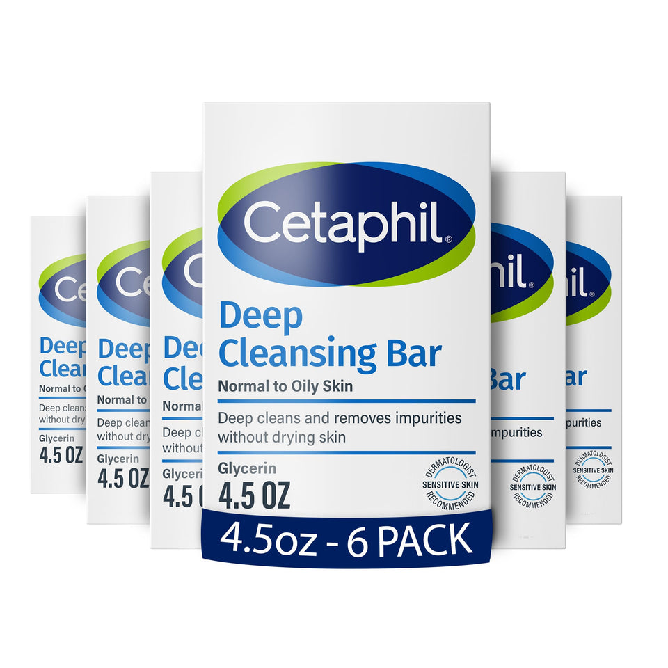 Cetaphil pack front showing six bars and clear product benefit