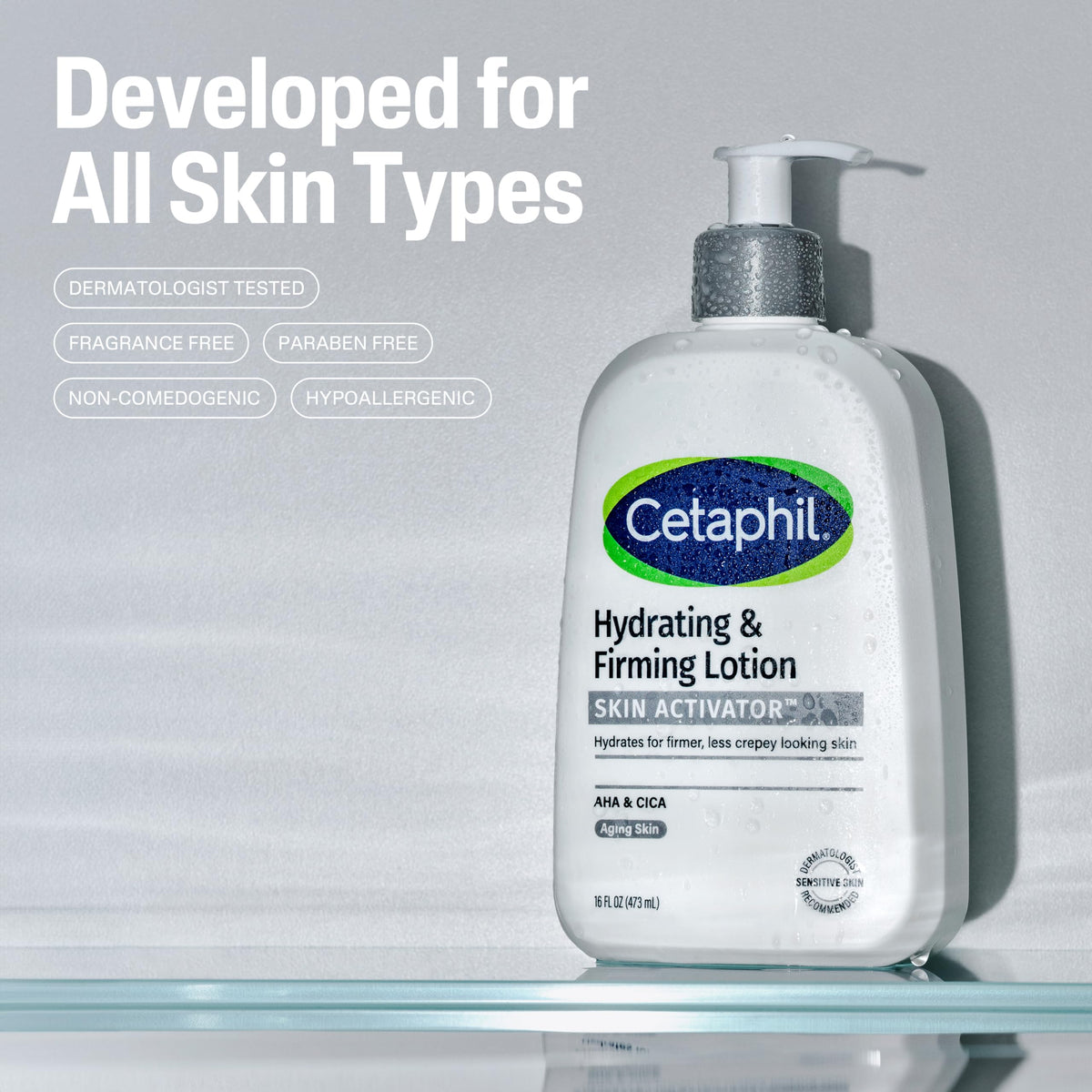 Cetaphil pump dispenser closeup demonstrating convenient, mess-free application