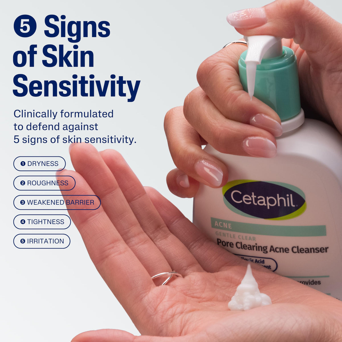 Cetaphil dispensing foamy gel from pump for quick, mess-free application benefit