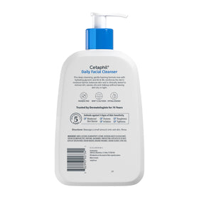 Cetaphil beside cleanser steps chart showing morning and night routine guidance