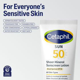 Cetaphil tube beside sunglasses highlighting travel-friendly SPF convenience