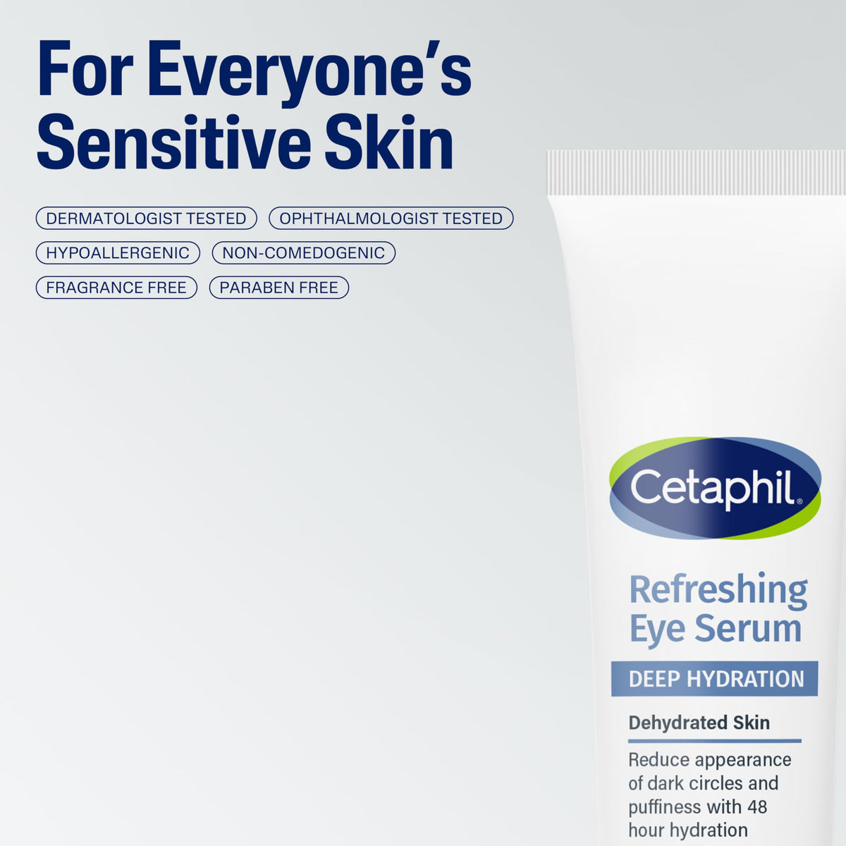 Model applying Cetaphil serum under eye demonstrating soothing application and immediate comfort