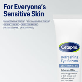 Model applying Cetaphil serum under eye demonstrating soothing application and immediate comfort