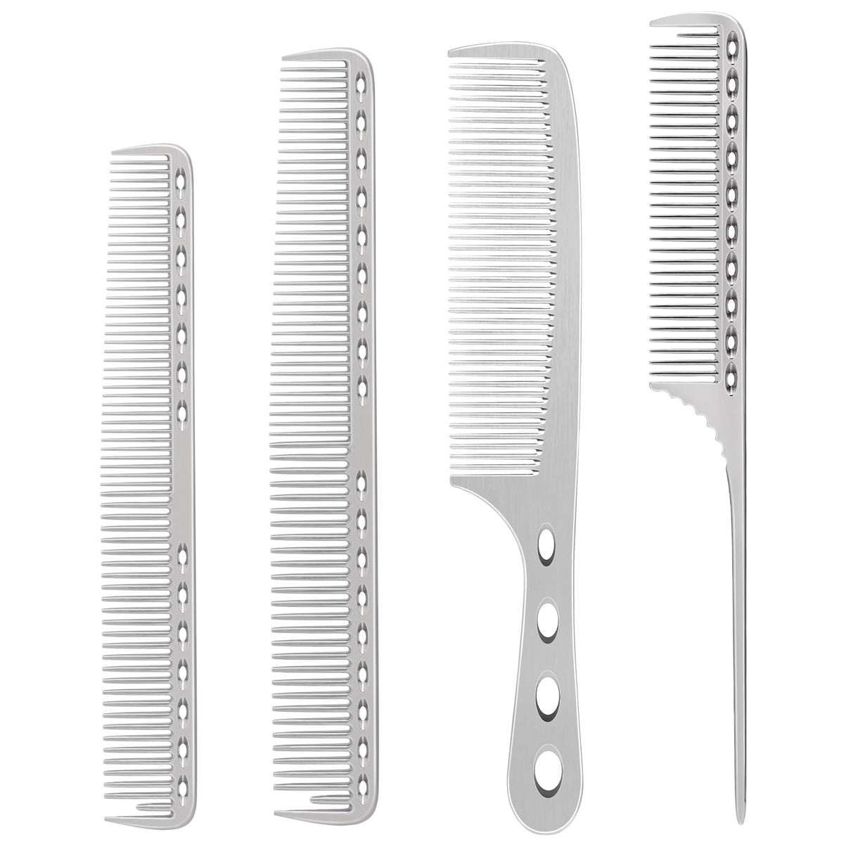 CGBARBER front view of four silver aluminum combs showing professional kit and durability