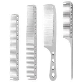 CGBARBER front view of four silver aluminum combs showing professional kit and durability