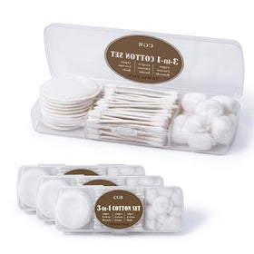 CGR front view of three transparent travel cases showing organized cotton supplies and convenience