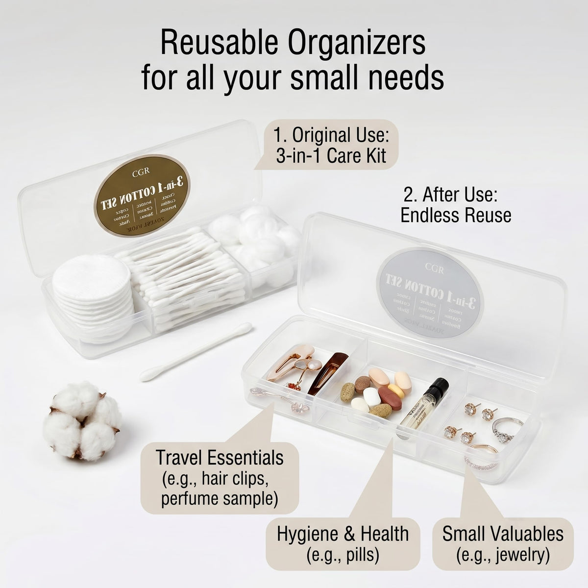 CGR repurposed case holding beads showing reusable storage and sustainable benefit
