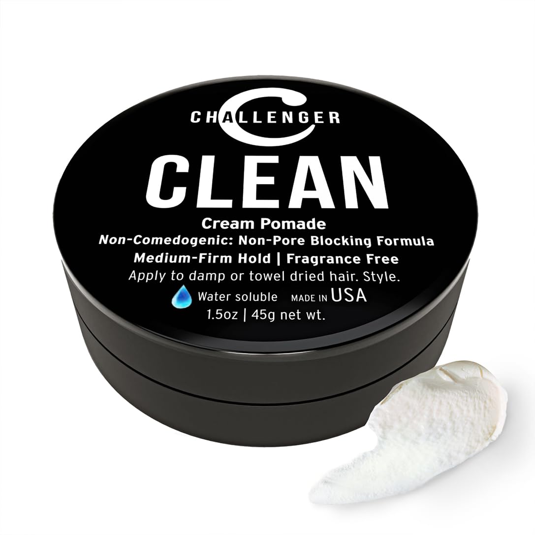 Challenger front packaging showing unscented pomade and compact travel size benefit