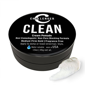 Challenger front packaging showing unscented pomade and compact travel size benefit