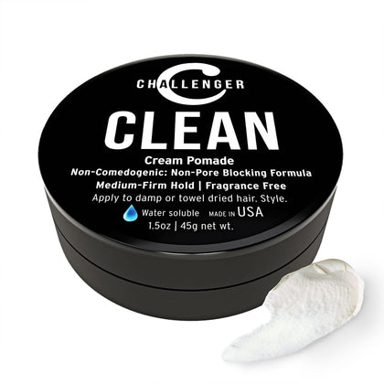 Challenger front packaging showing unscented pomade and compact travel size benefit