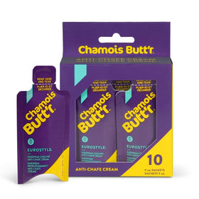 Chamois Butt'r Eurostyle front packaging showing 10 single-use packets and convenience