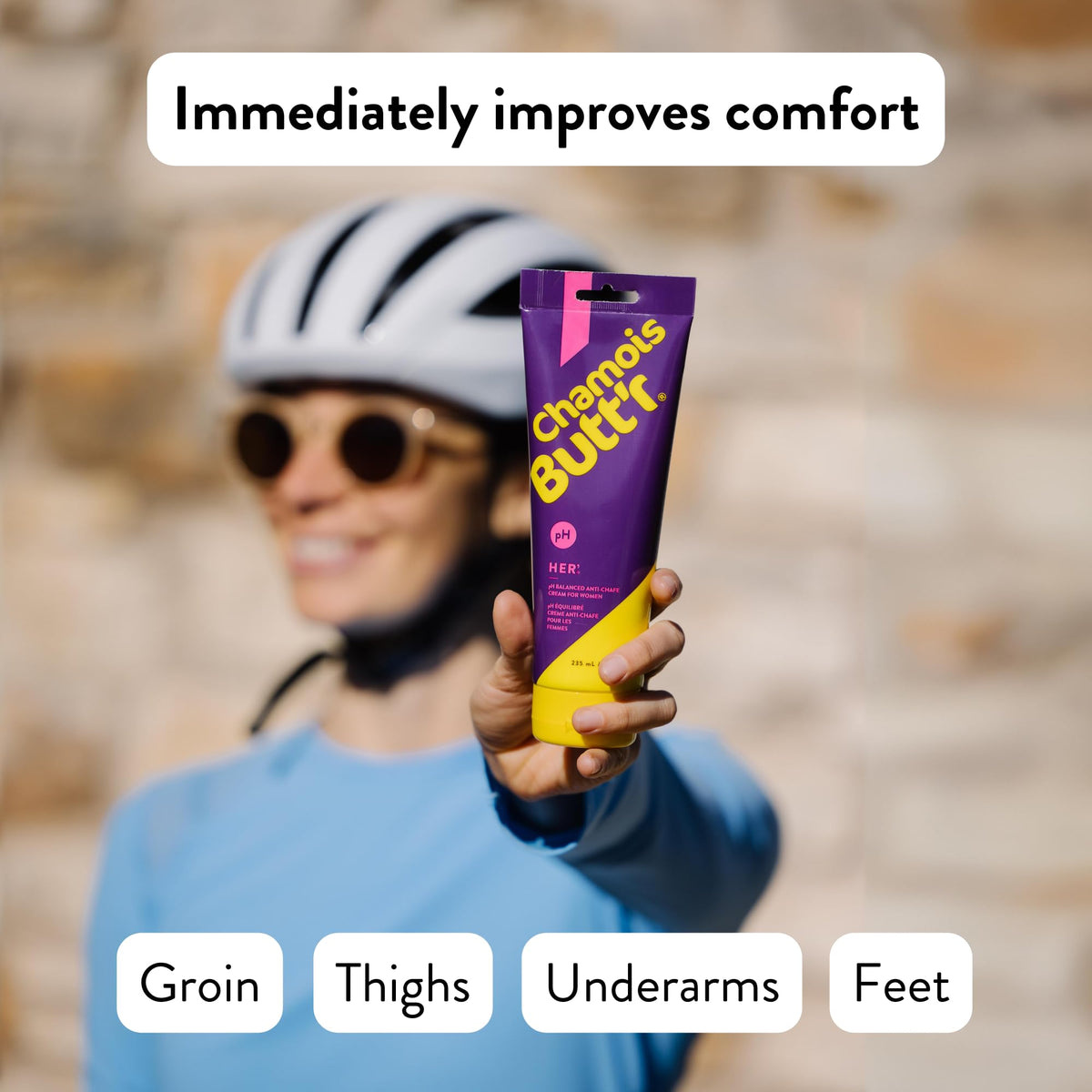 Chamois Butt'r Her' being applied to thigh to prevent chafing and increase comfort