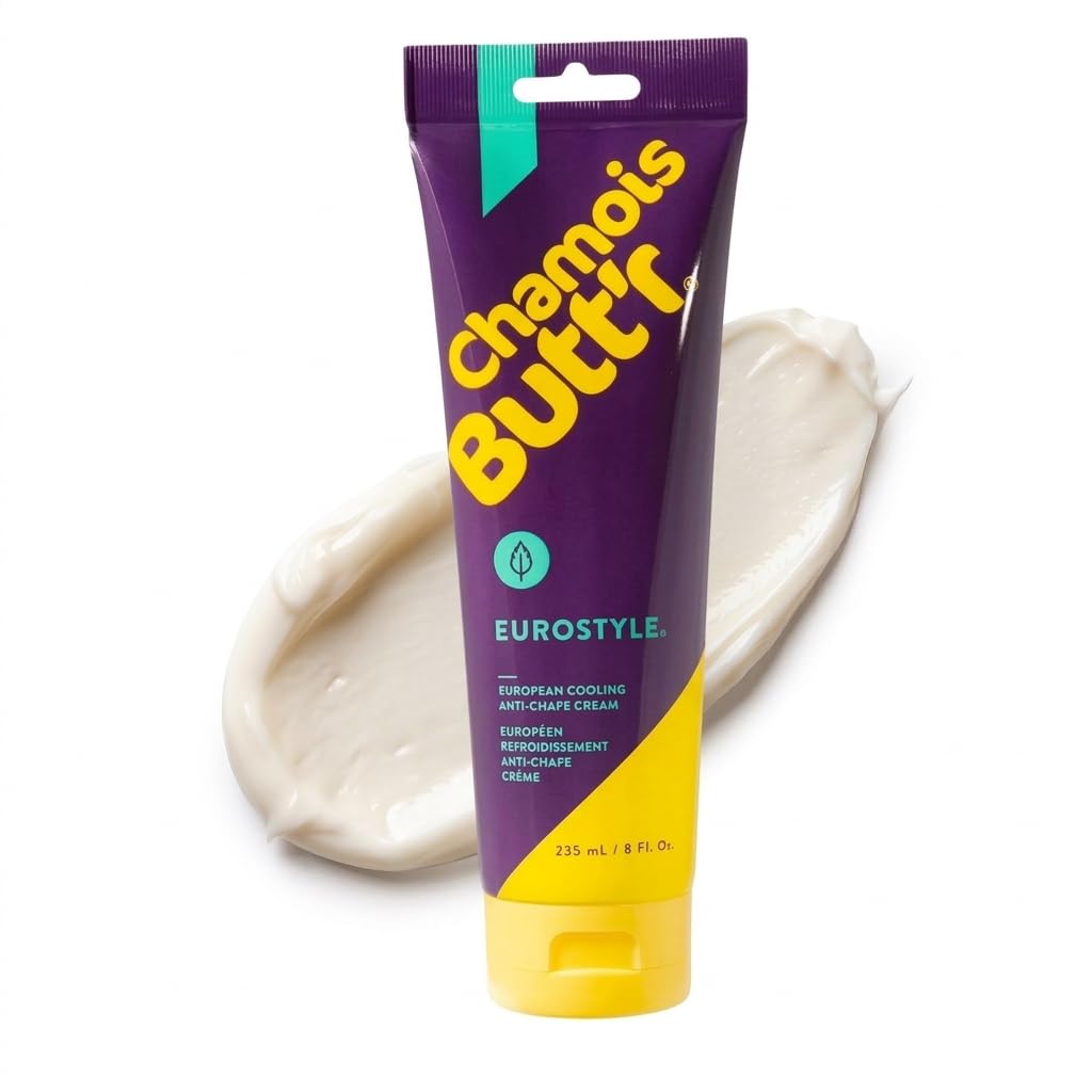 Chamois Butt'r Eurostyle front tube showing label and 8oz size for convenient carrying