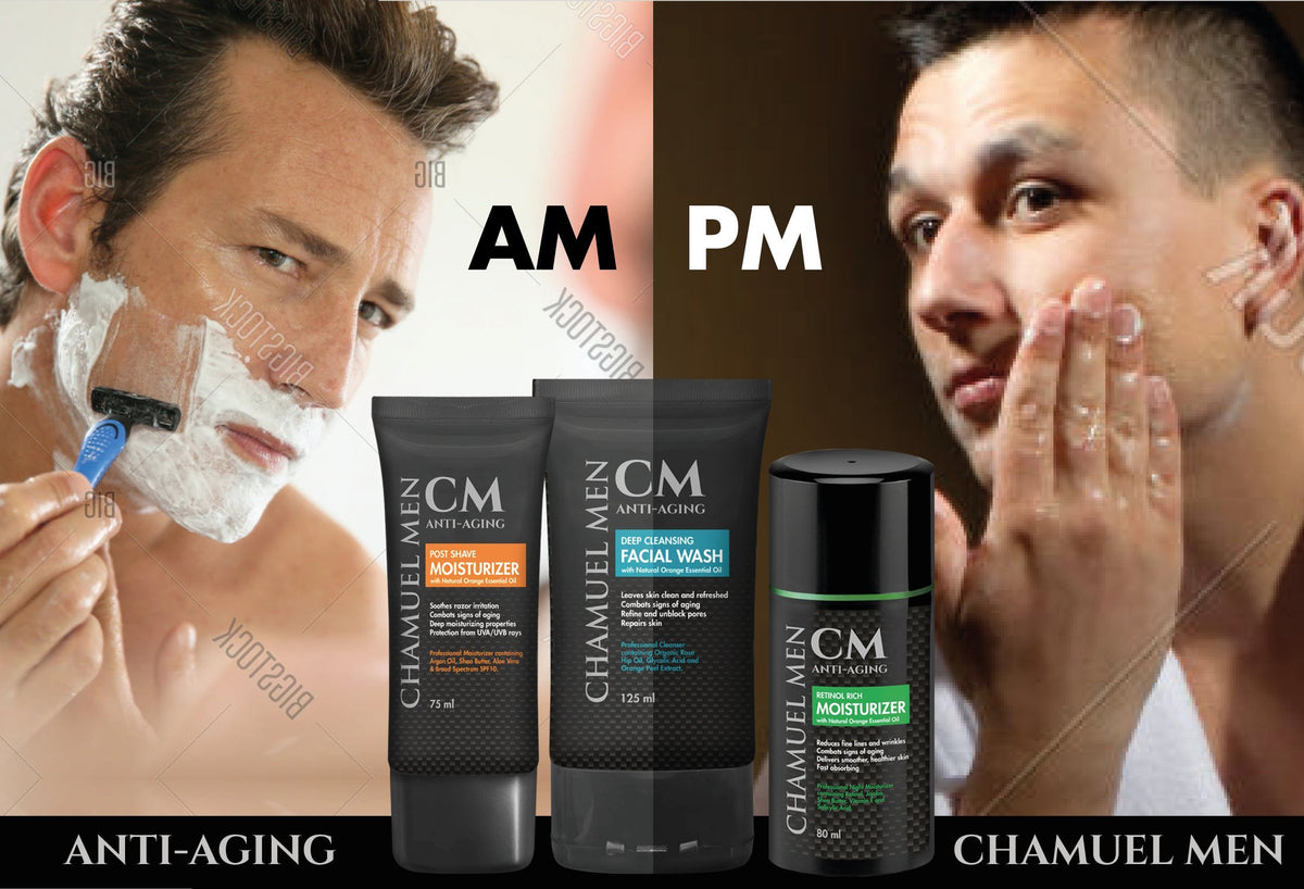 CHAMUEL MEN before and after skin swatch showing improved smoothness