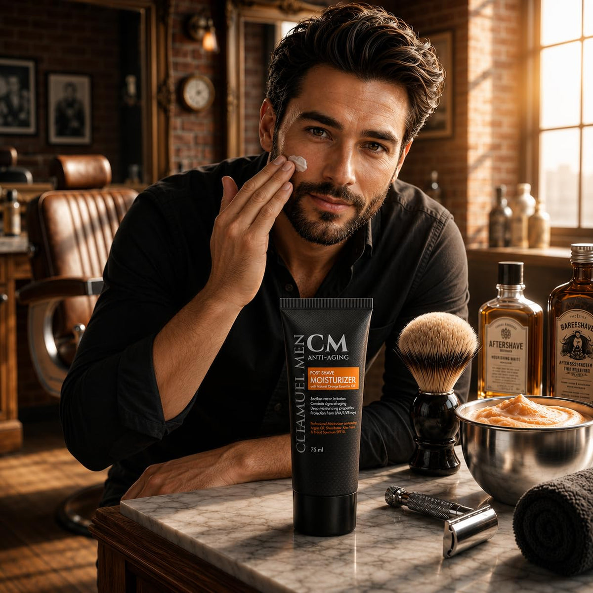 CHAMUEL MEN applied to palm demonstrating easy post-shave soothing