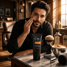 CHAMUEL MEN applied to palm demonstrating easy post-shave soothing