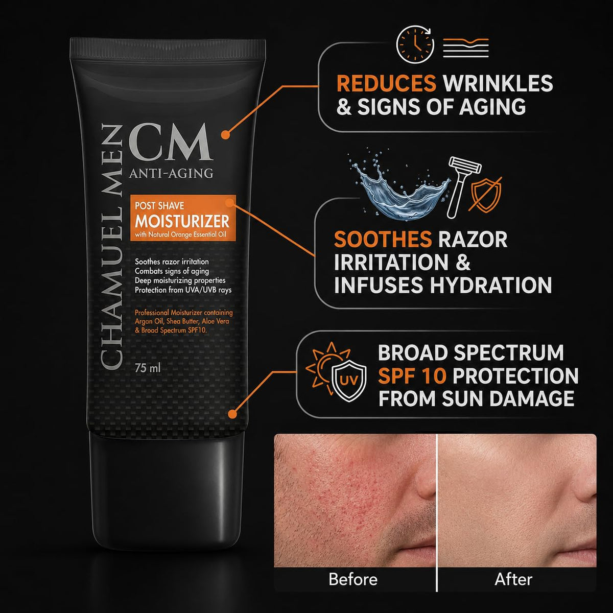 CHAMUEL MEN cream texture close-up, lightweight hydration visible