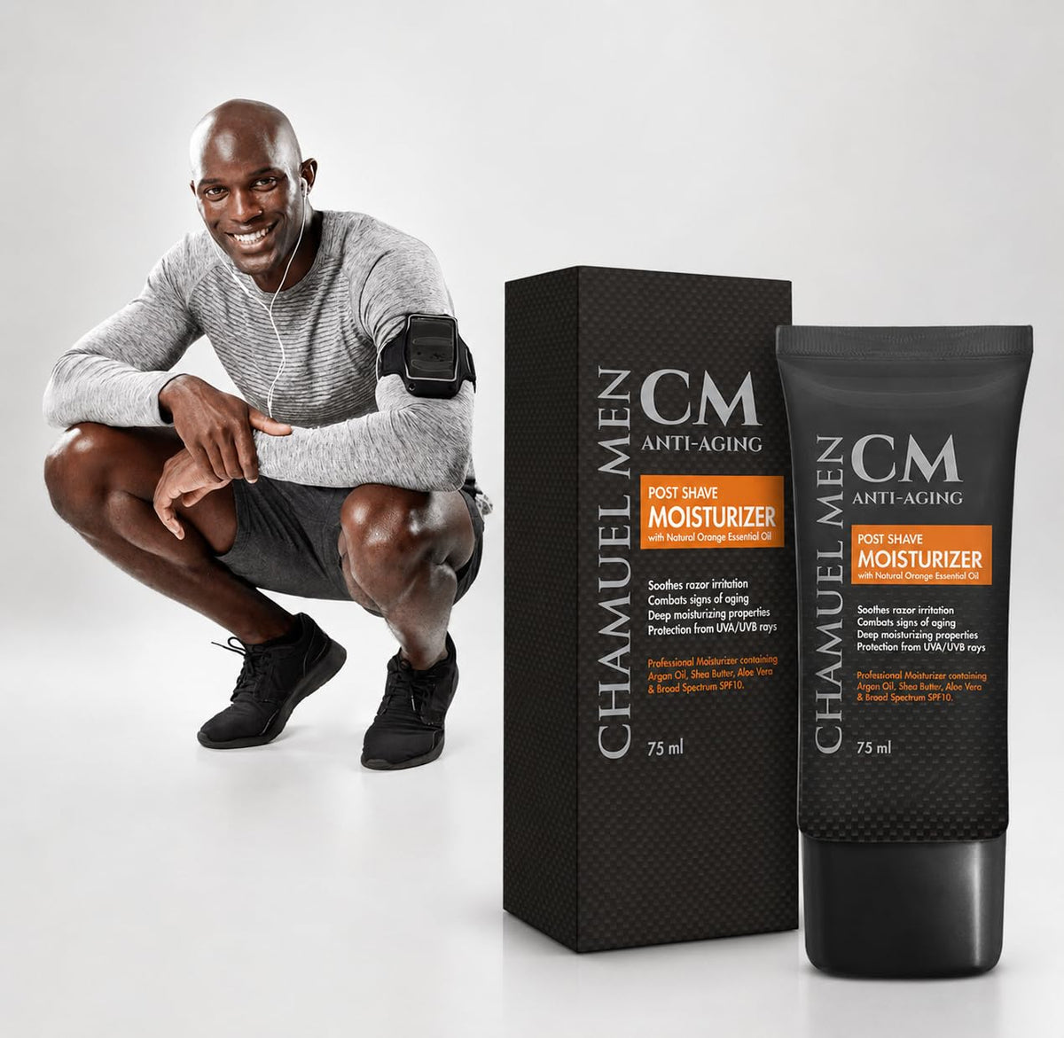 CHAMUEL MEN travel-size tube on counter for grooming-on-the-go