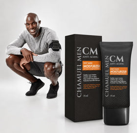 CHAMUEL MEN travel-size tube on counter for grooming-on-the-go