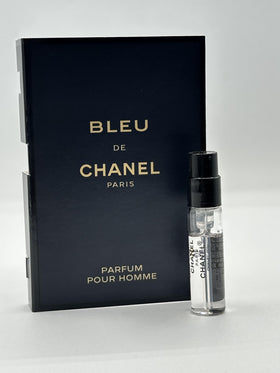 CHANEL vial front view showing Bleu de Chanel sample and clear lettering for easy ID