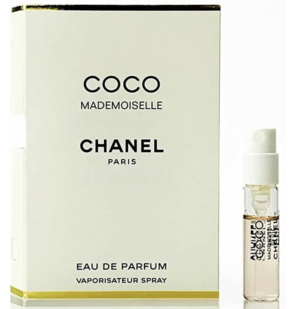 CHANEL Coco Mademoiselle vial front view showing travel-ready size and elegant label benefit: easy sampling