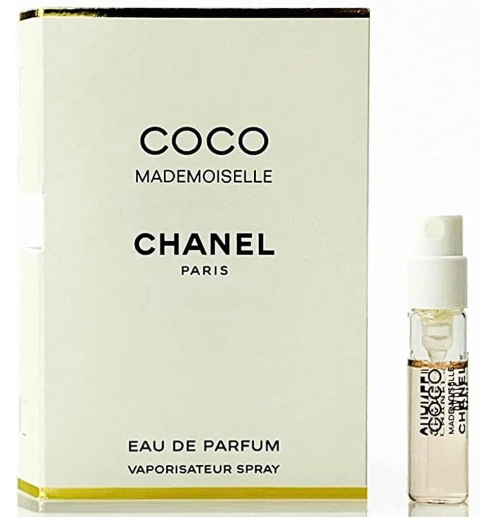 CHANEL Coco Mademoiselle vial front view showing travel-ready size and elegant label benefit: easy sampling