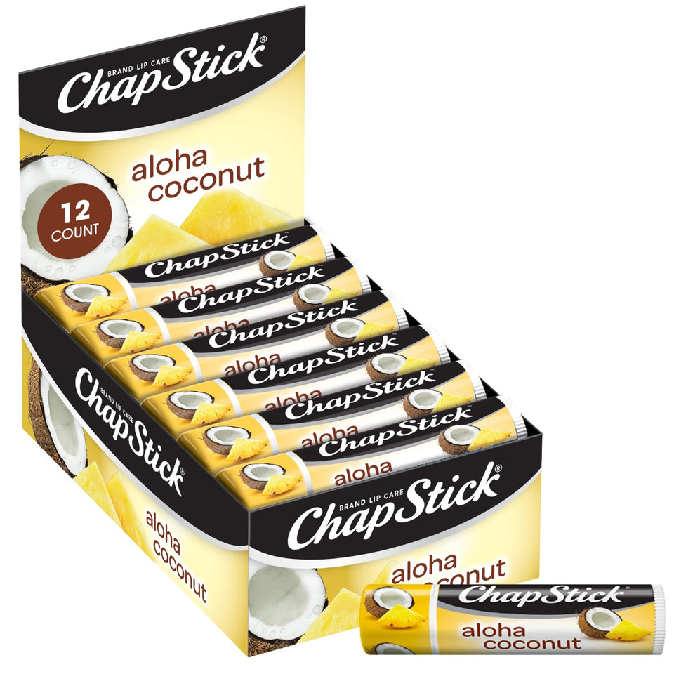 ChapStick Aloha Coconut front packaging showing 12 tubes and tropical label, convenient supply