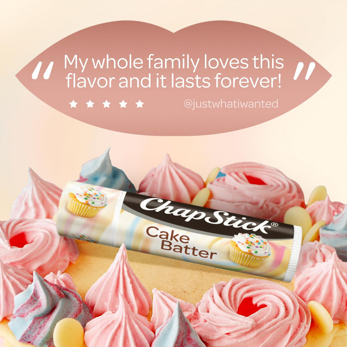 Hand holding ChapStick Cake Batter showing size and easy-carry benefit
