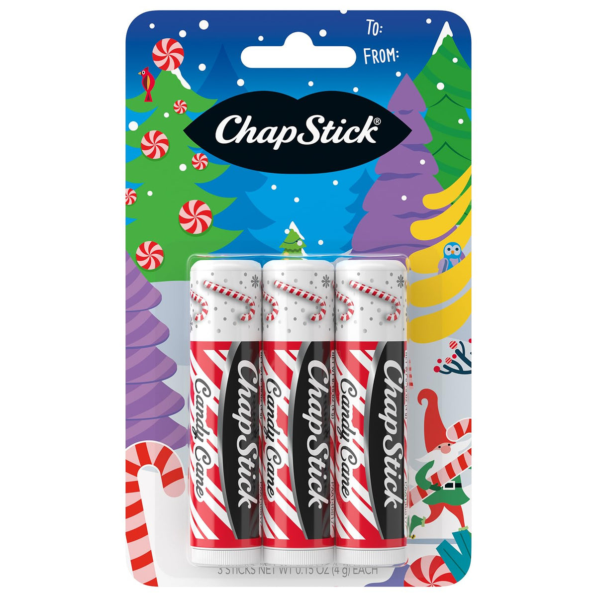 ChapStick candy cane front tube showing label and compact design benefit