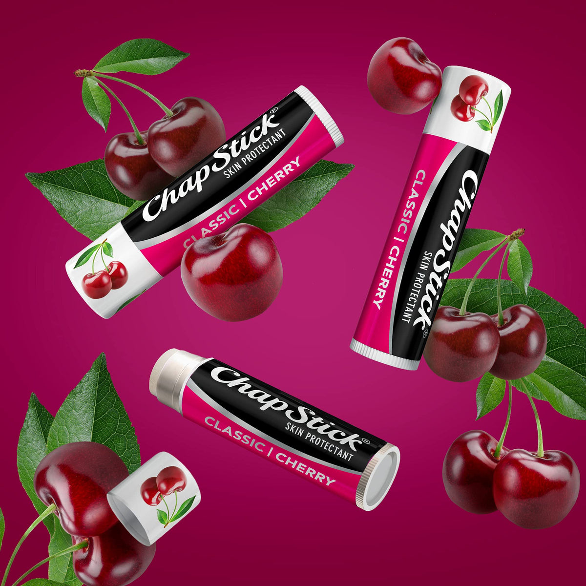 ChapStick Cherry twelve-pack displayed for long-lasting convenience