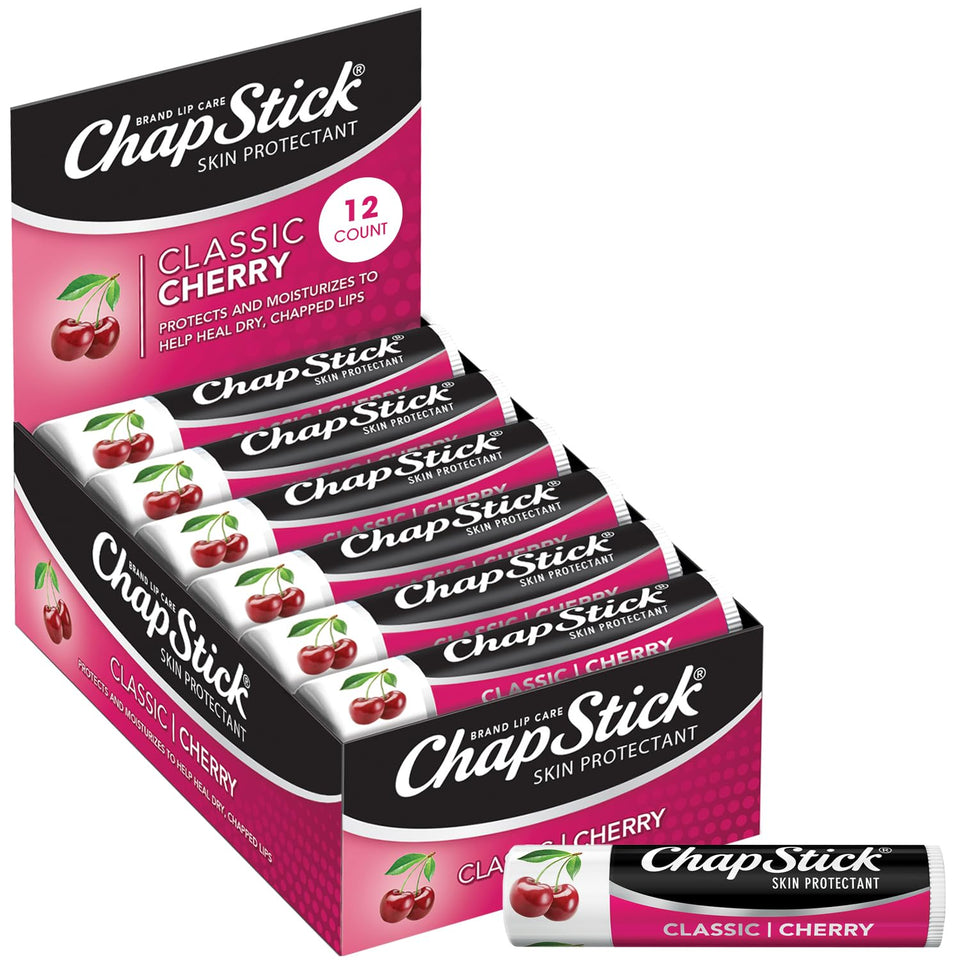 ChapStick Classic Cherry front packaging showing 12-count convenience and brand trust