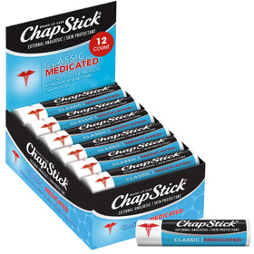 ChapStick front packaging showing 12-count medicated sticks for reliable relief